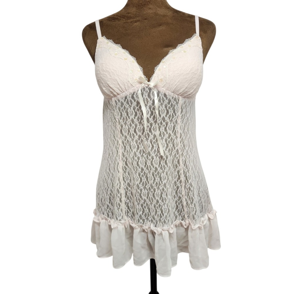 Apt. 9 Pink Padded Sheer Floral Lace Ruffle Lingerie Babydoll Y2K Top Size S